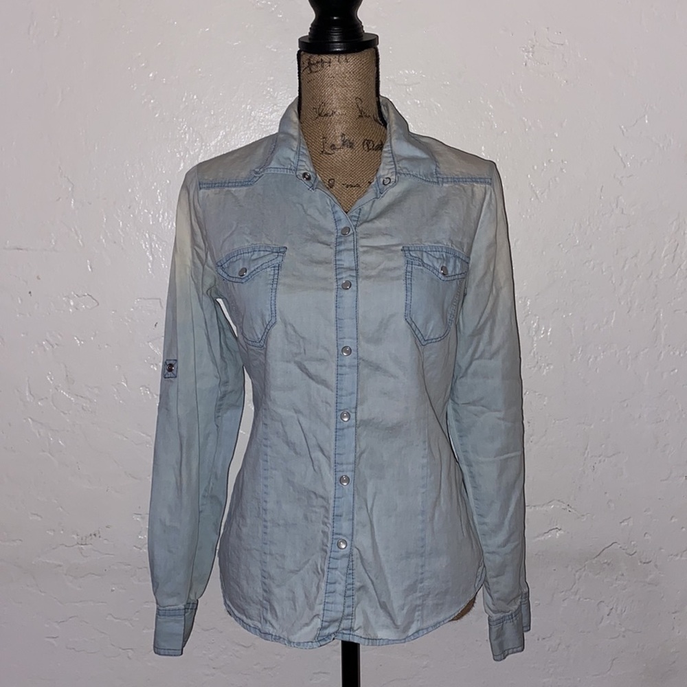Light wash women's denim button up shirt